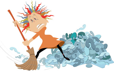 Funny woman with a broom sweeps out pile of question signs