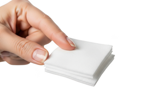 Closeup of a persons hand holding a small stack of white square cotton pads isolated on transparent background