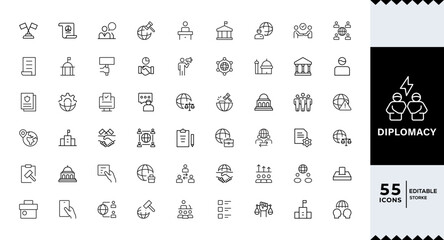 Diplomacy linear icon set. Political dialogue, law, politics, peace, alliance, foreign policy, government, summit, international relations, diplomatic, debate, vector icon set. UI thin line icon pack
