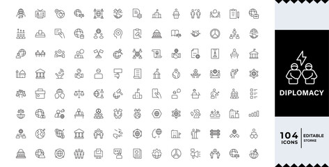 Diplomacy linear icon set. Political dialogue, law, politics, peace, alliance, foreign policy, government, summit, international relations, diplomatic, debate, vector icon set. UI thin line icon pack