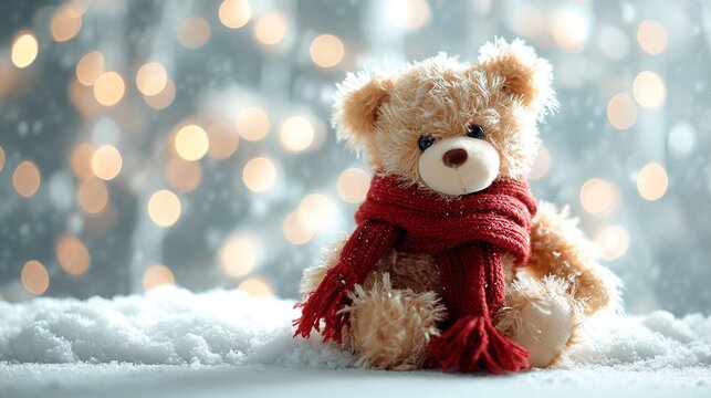cute teddy bear wearing a red scarf, sitting on snow with a blurred background of bokeh lights and a white sky, adorable atmosphere for christmas or winter themes. High quality