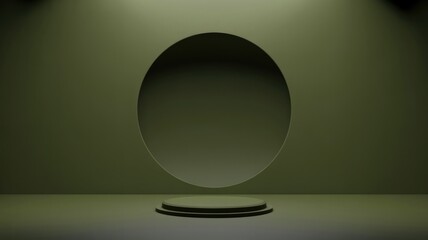 Minimalist green studio interior with round podium and circular archway