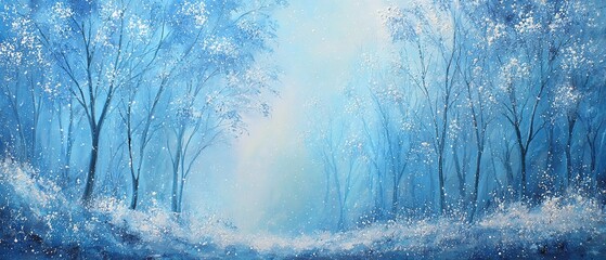 The enchanting snowfall creates a serene winter background filled with soft blue hues. High quality