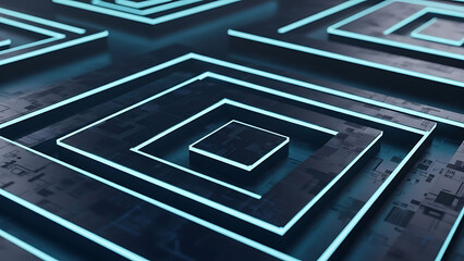 Abstract geometric circuit board design with glowing neon turquoise lines creating a digital maze structure.