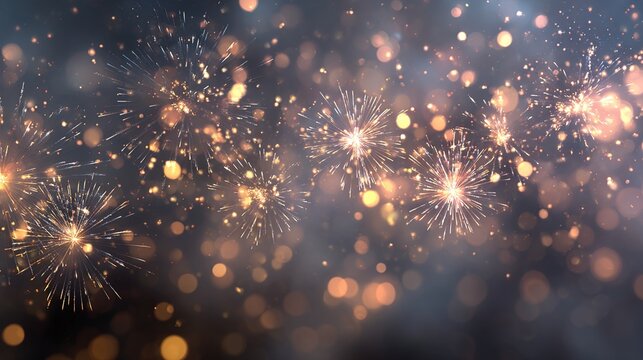 Bright flashes of fireworks in the night sky with blurred lights create a festive atmosphere — perfect as a background for invitations to special events. High quality