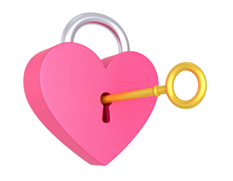 Pink heart-shaped lock with golden key showing romantic secure closure ideal for love themes, gifting elements, and symbolic relationship visuals isolated on white background
