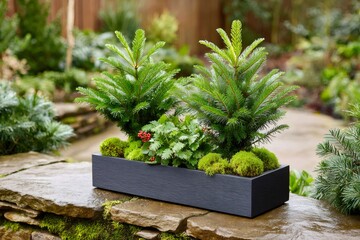 Obraz premium Decorative planter box with miniature evergreen trees and moss