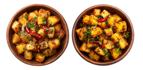 Spicy roasted potato cubes garnished with herbs and chili in wooden bowl isolated on white transparent background