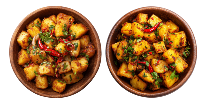 Spicy roasted potato cubes garnished with herbs and chili in wooden bowl isolated on white transparent background