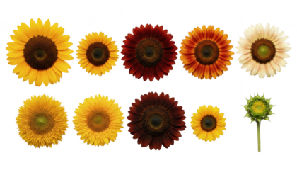 Collection of various sunflower heads in different colors and sizes, isolated on transparent background