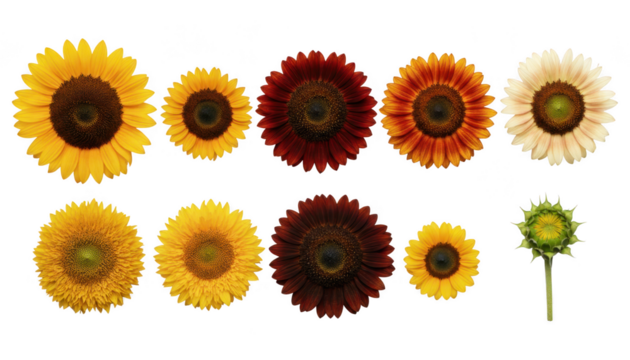 Collection of various sunflower heads in different colors and sizes, isolated on transparent background - Powered by Adobe