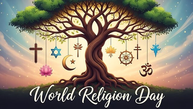 A tree with religious symbols hanging from its branches against a sky background for world religion day - Powered by Adobe