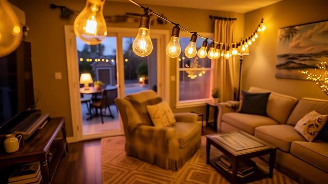 Warmly lit string lights illuminate a cozy living room scene, showcasing a comfortable sofa and inviting ambiance, with gradual focus shift and soft background blur