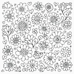 A charming collection of hand-drawn doodle flowers and hearts in a black and white line art style. Abstract floral elements for coloring and decoration