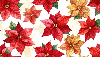 Seamless pattern of red and orange poinsettia flowers with green leaves on a white background.