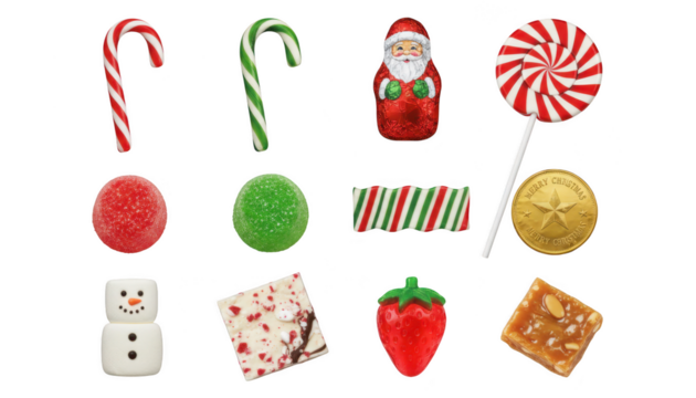 Assortment of various christmas holiday candies and sweets isolated on transparent background