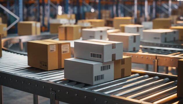 Automated parcel sorting conveyor lines, packages moving efficiently, warehouse logistics and modern shipping technology in a bright organized environment.