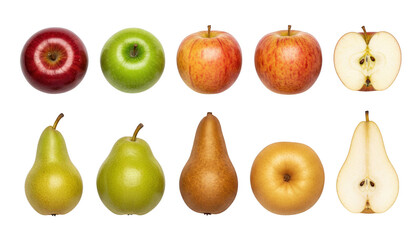 Collection of various fresh apples and pears, whole and sliced, isolated on transparent background for healthy food concept