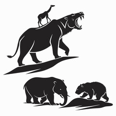 Black silhouette animals elephant bear giraffe large cat