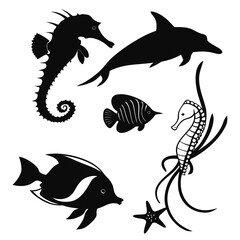 Black silhouette marine life set with seahorses dolphin and fish