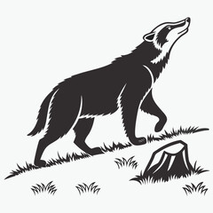 Black silhouette of a badger walking in grass with a tree stump