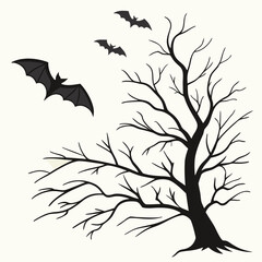 Obraz premium Black silhouette of a bare tree with bats flying vector