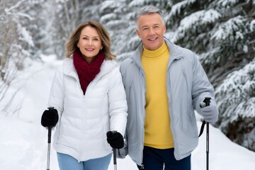 Senior couple enjoying winter hiking in snow forest