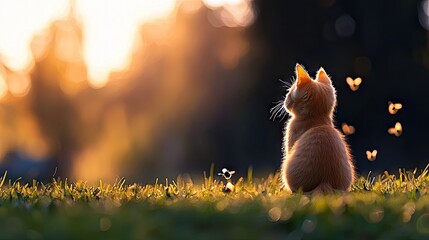 An orange kitten sits in a grassy field, bathed in the warm light of the golden hour, with bokeh in the background.