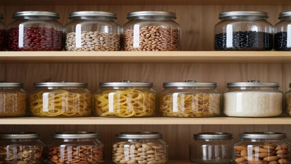 Organized pantry shelves filled with glass jars of dry goods and food staples