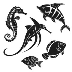 Black silhouette set of marine animals and fish seahorse