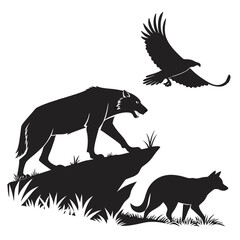 Black silhouette wolf eagle and fox on rocky terrain
