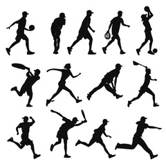 Black silhouettes of athletes playing sports on white background