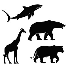 Black silhouettes of shark giraffe and two bears animal