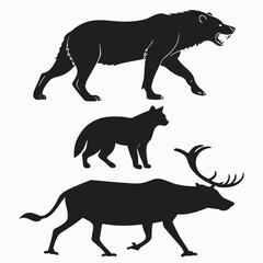 Black silhouettes of wolf bear and reindeer animal