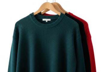 Close up of three knit sweaters in dark green, black, and red hanging on wooden hangers isolated on transparent background