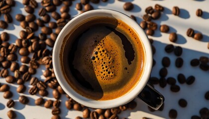 Fresh aromatic morning coffee beans scattered, rich espresso crema, sunlight, cozy atmosphere, inviting daily ritual, perfect for café, breakfast, lifestyle, or beverage themes.