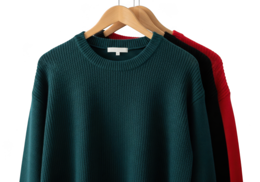 Close up of three knit sweaters in dark green, black, and red hanging on wooden hangers isolated on transparent background