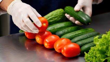 Hands in gloves arranging fresh tomatoes and cucumbers for healthy meal preparation