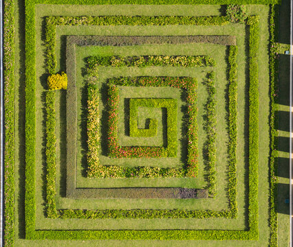 Spiral Garden Maze Aerial View with Green Hedges