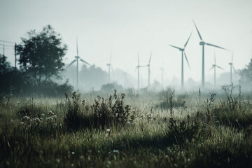 Atmospheric field with multiple wind turbines surrounded by soft morning fog representing renewable energy clean power production and modern sustainable landscape