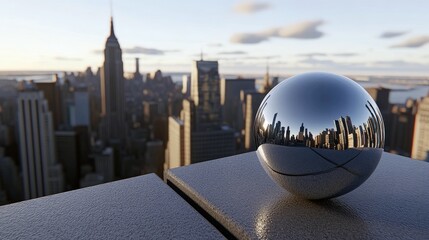 A shiny sphere reflecting a cityscape, resting on a rooftop with a blurred city background at sunset.