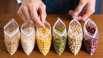 Variety of dried legumes and grains in clear plastic bags