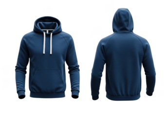 Realistic 3d rendering of a dark blue hooded sweatshirt with drawstring, front and back view, isolated on transparent background