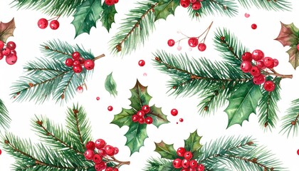 Watercolor Christmas seamless pattern with holly berries and pine branches.