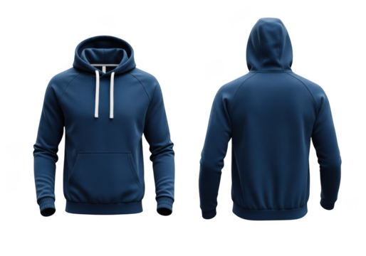 Realistic 3d rendering of a dark blue hooded sweatshirt with drawstring, front and back view, isolated on transparent background