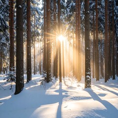 Snowy forest scene with sunburst, dappled light and long shadows