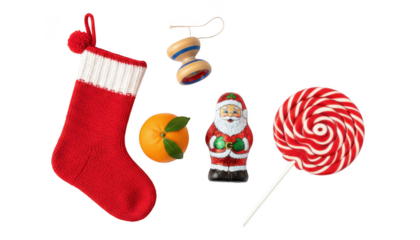 Collection of traditional christmas stocking stuffers including a red sock, candy, toy, and orange isolated on transparent background