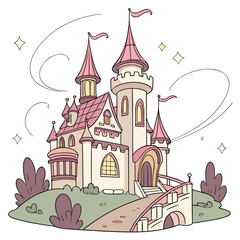 Cartoon pink fantasy castle with flags and stars fairy tale