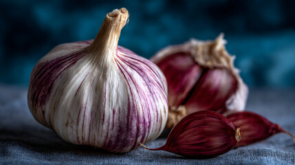 Close up shot of garlic bulbs and cloves with purple stripes on a textured blue surface