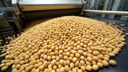 Large pile of soybeans on a conveyor belt in a food processing plant